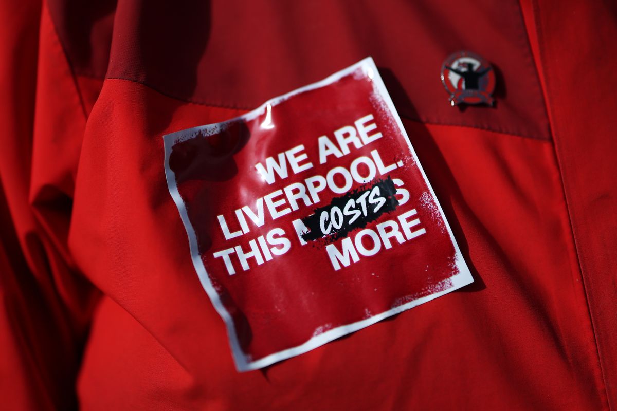 A Liverpool fan sticker is seen outside the stadium in protest against the planned increase in ticket prices prior to the Premier League match against Fulham at Anfield on April 11 2026