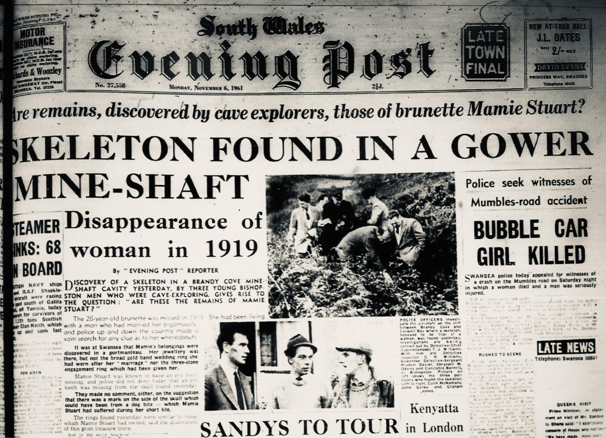 The discovery of human remains in a Gower mine made front page news in the South Wales Evening Post 