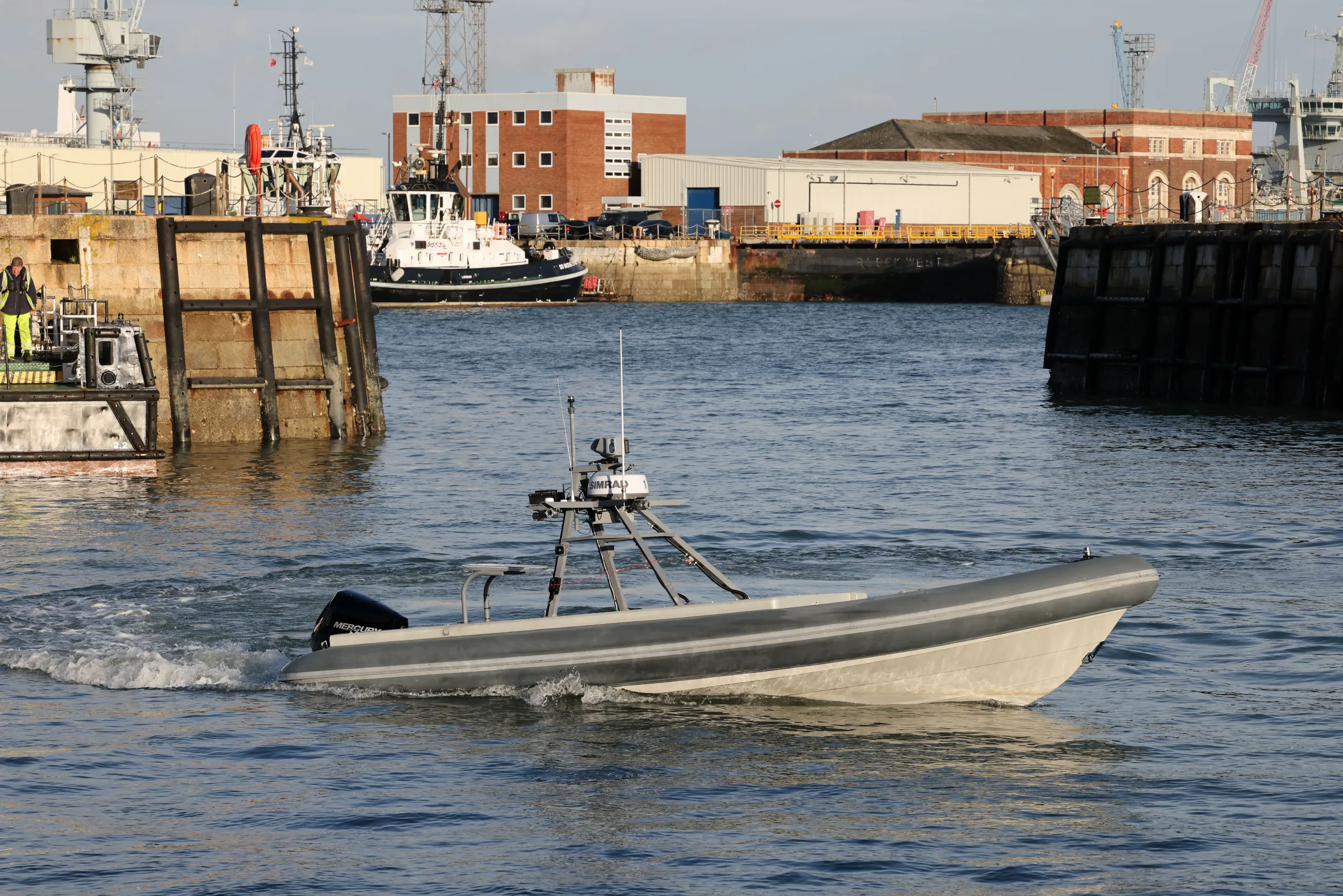 Royal Navy Rattler uncrewed surface vessel at Portsmouth naval base.