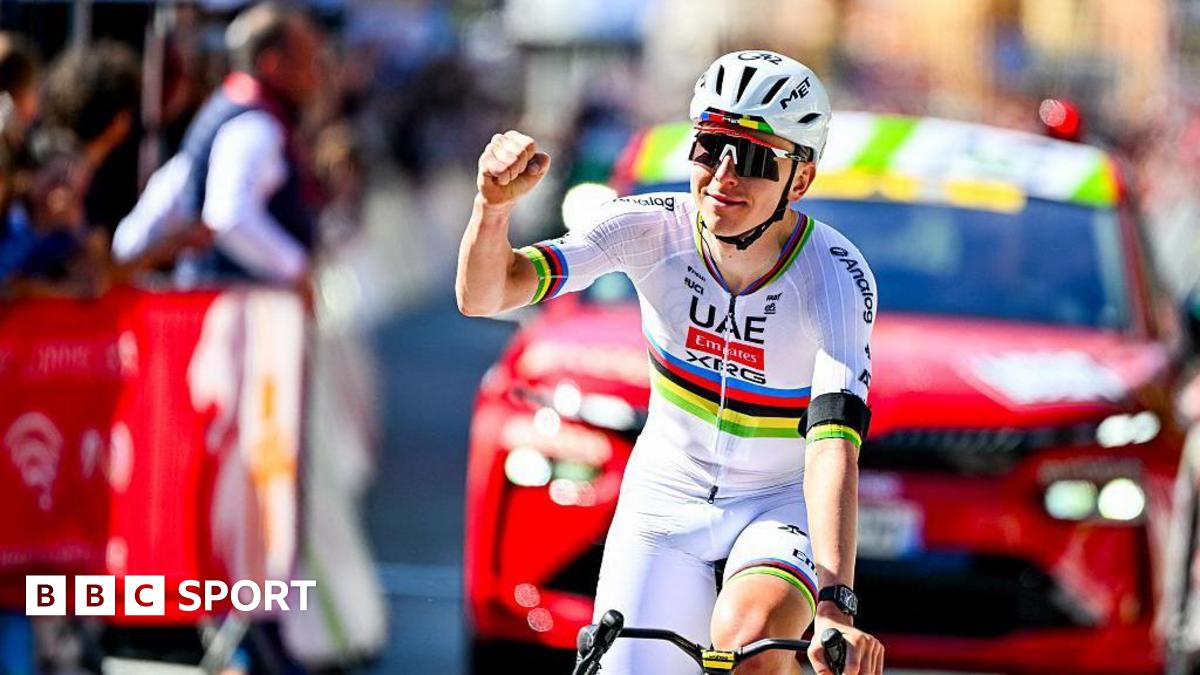 Tadej Pogacar celebrates winning the Liege-Bastogne-Leige