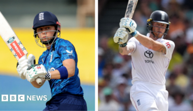 Composite image. Left: Heather Knight looks to see where the ball has gone after playing a shot down to fine leg. She is wearing a blue England kit and batting attire. Right: Ben Stokes does similar as he watches the result of a pull shot through mid-wicket. He is wearing England whites.