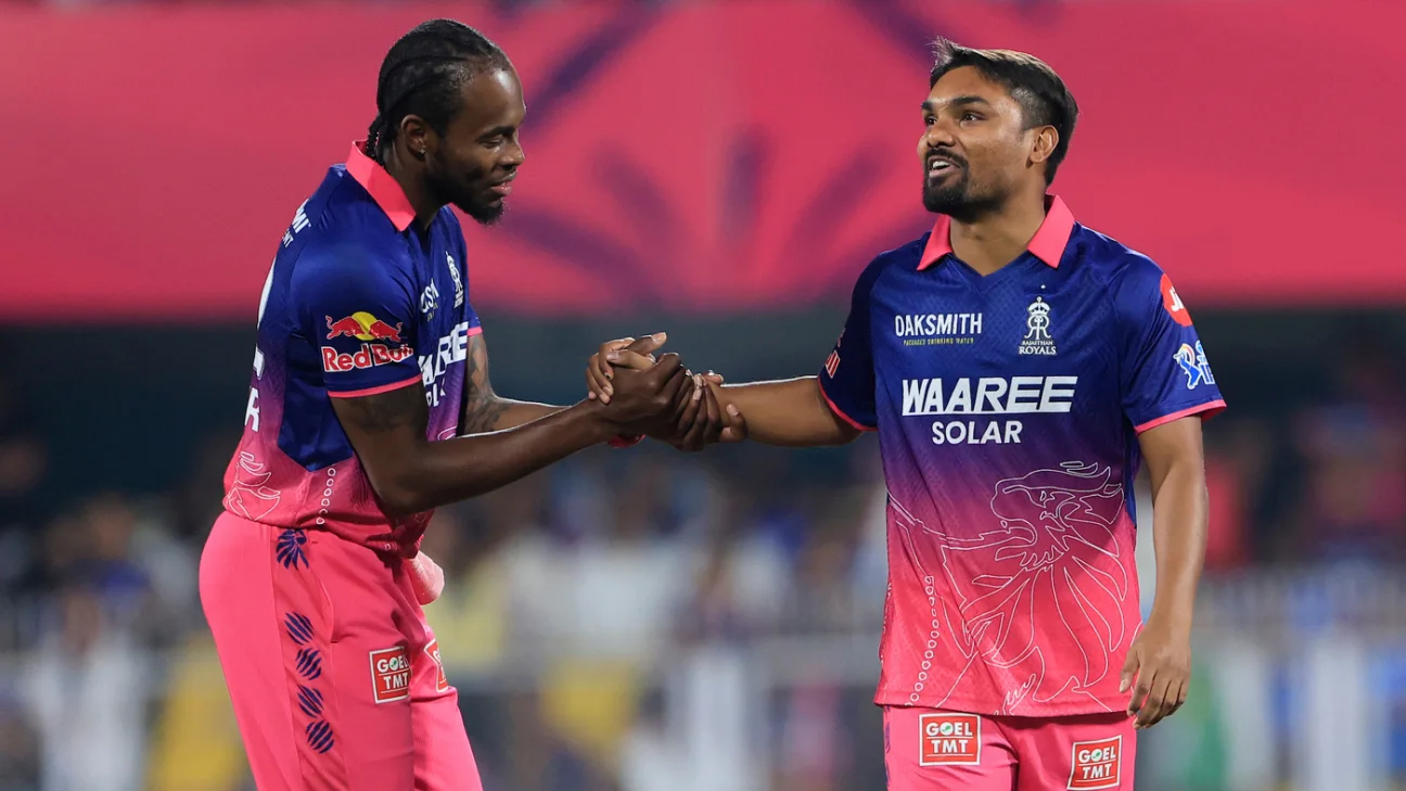 Sandeep Sharma and Jofra Archer celebrate in the middle, Rajasthan Royals vs Mumbai Indians, IPL, Guwahati, April 7, 2026