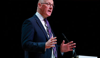 Scottish National Party First Minister John Swinney speaks in Dundee, Scotland.