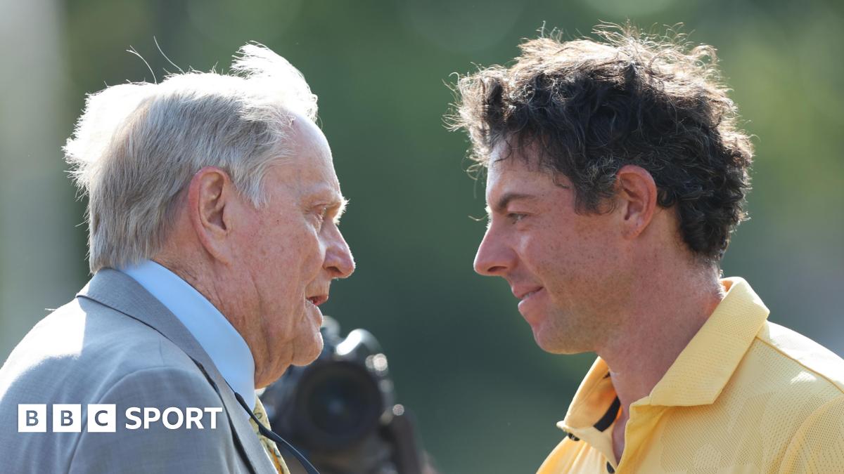 Jack Nicklaus and Rory McIlroy chat at the Memorial Tournament in 2023