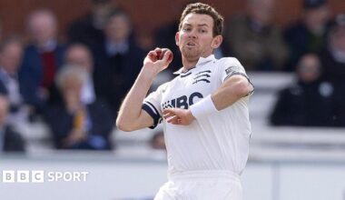 Ryan Higgins runs in to delivery another ball on his way to figures of 3-39 for Middlesex against Worcestershire at Lord's.