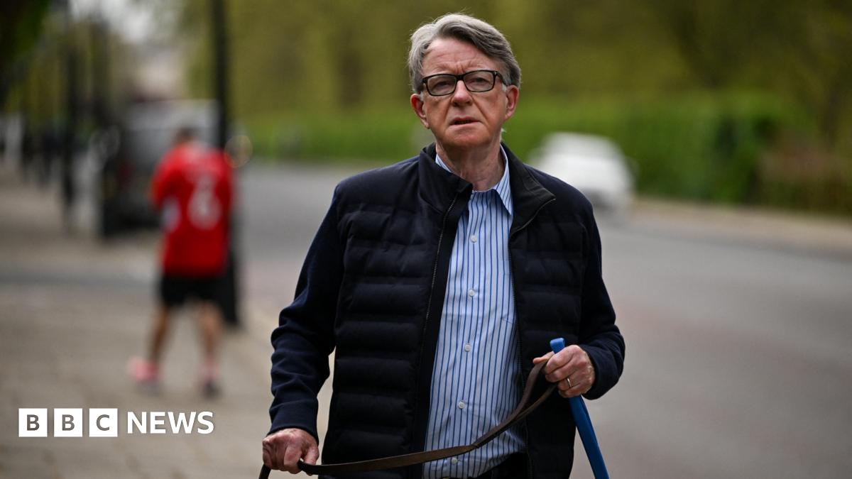 Lord Peter Mandelson wears a blue shirt and a dark jacket as he walks his dog