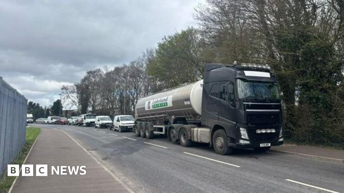 A milk tanker is seen on a road at the front of a convoy of vehicles who took part in a protest in Strabane on Saturday afternoon in protest at the rising cost of fuel