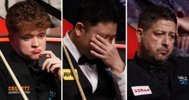 Stan Moody (left), Zhang Anda (centre) and Matthew Stevens were among the 16 players to lose in the first round of the 2026 World Snooker Championship