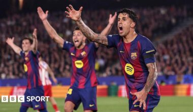 Joao Cancelo of FC Barcelona protests during the UEFA Champions League