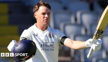 Marcus Harris celebrates scoring a century