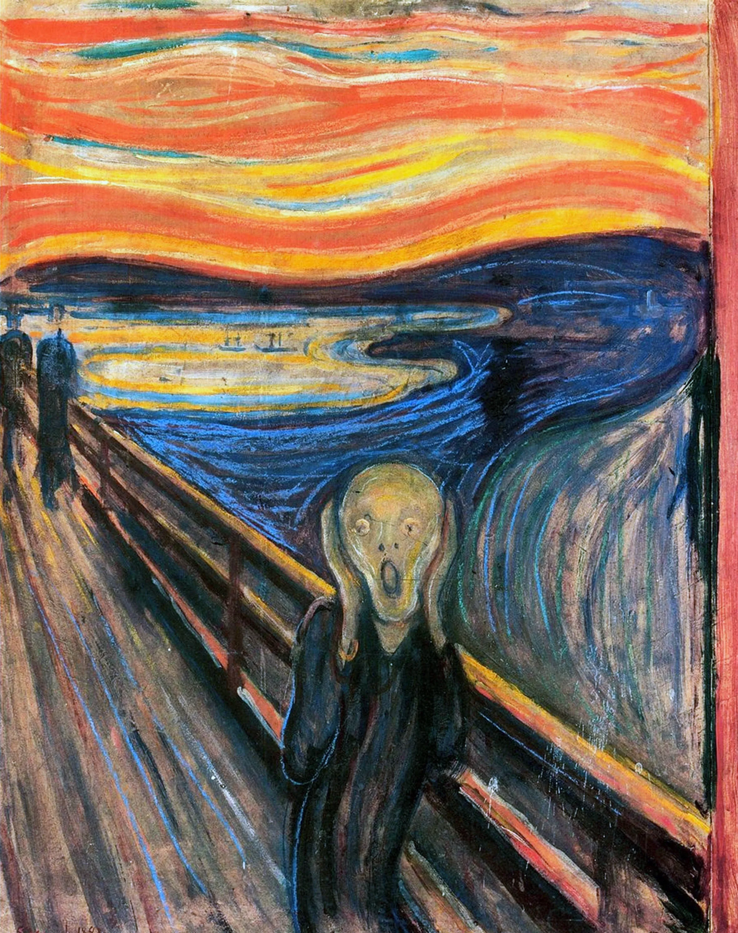 Painting titled 'The Scream' by Edvard Munch, showing a figure with hands to its face on a bridge against a swirling red and orange sky.