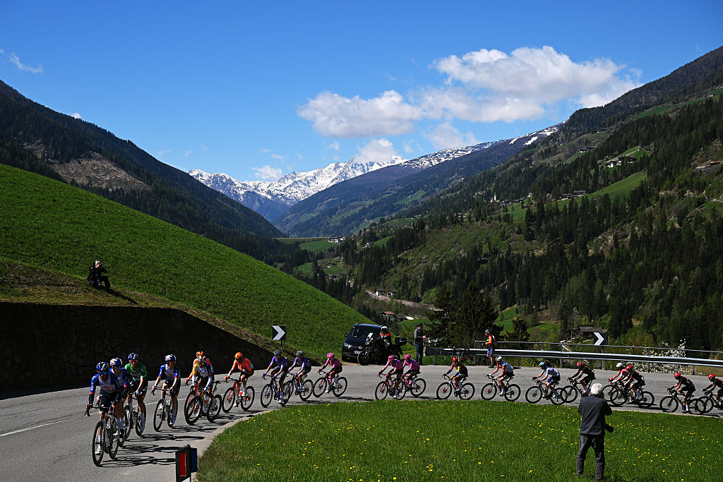 ARCO, ITALY - APRIL 22: A general view of the peloton compete climbing to the Hofmandioch - Passo Castrin (1596m) during the 48th Tour of the Alps 2026, Stage 3 a 174.5km stage from Latsch - Laces to Arco on April 22, 2026 in Arco, Italy. (Photo by Tim de Waele/Getty Images)