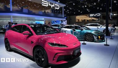 A BYD Seal 06 GT is seen on display on the opening day of the Beijing Auto Show