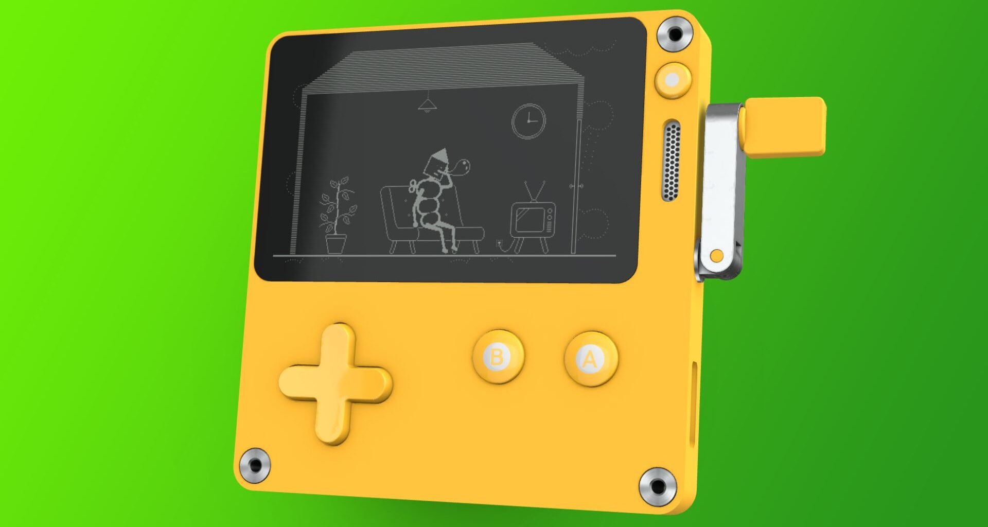 A Playdate gaming console on a green gradient background