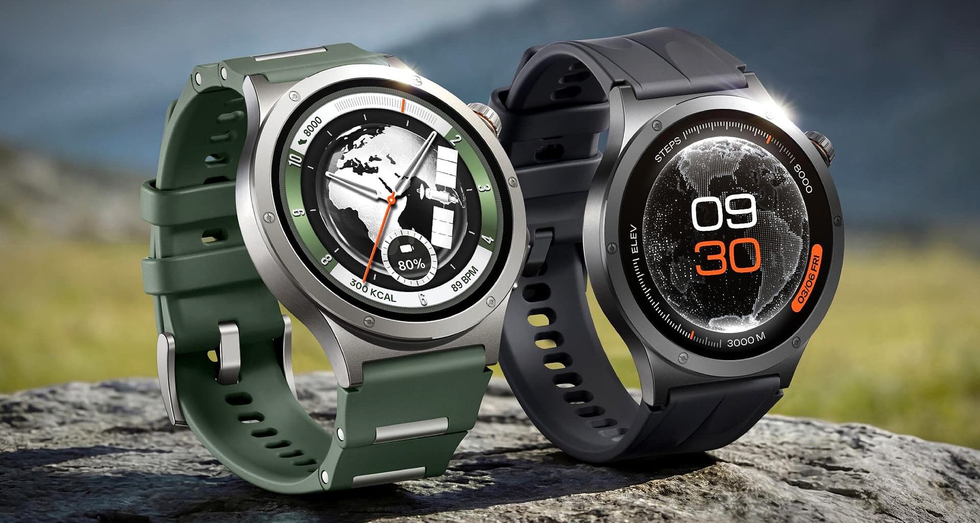 Two models of the OnePlus Watch 4 on a rock.