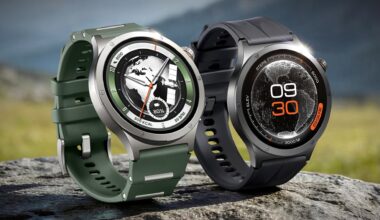 Two models of the OnePlus Watch 4 on a rock.