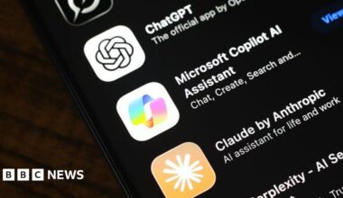 The logos of popular AI apps on a phone.