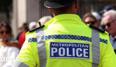 A Met Police officer with his back to the camera stands on a London street. There are passers-by slightly out of focus.