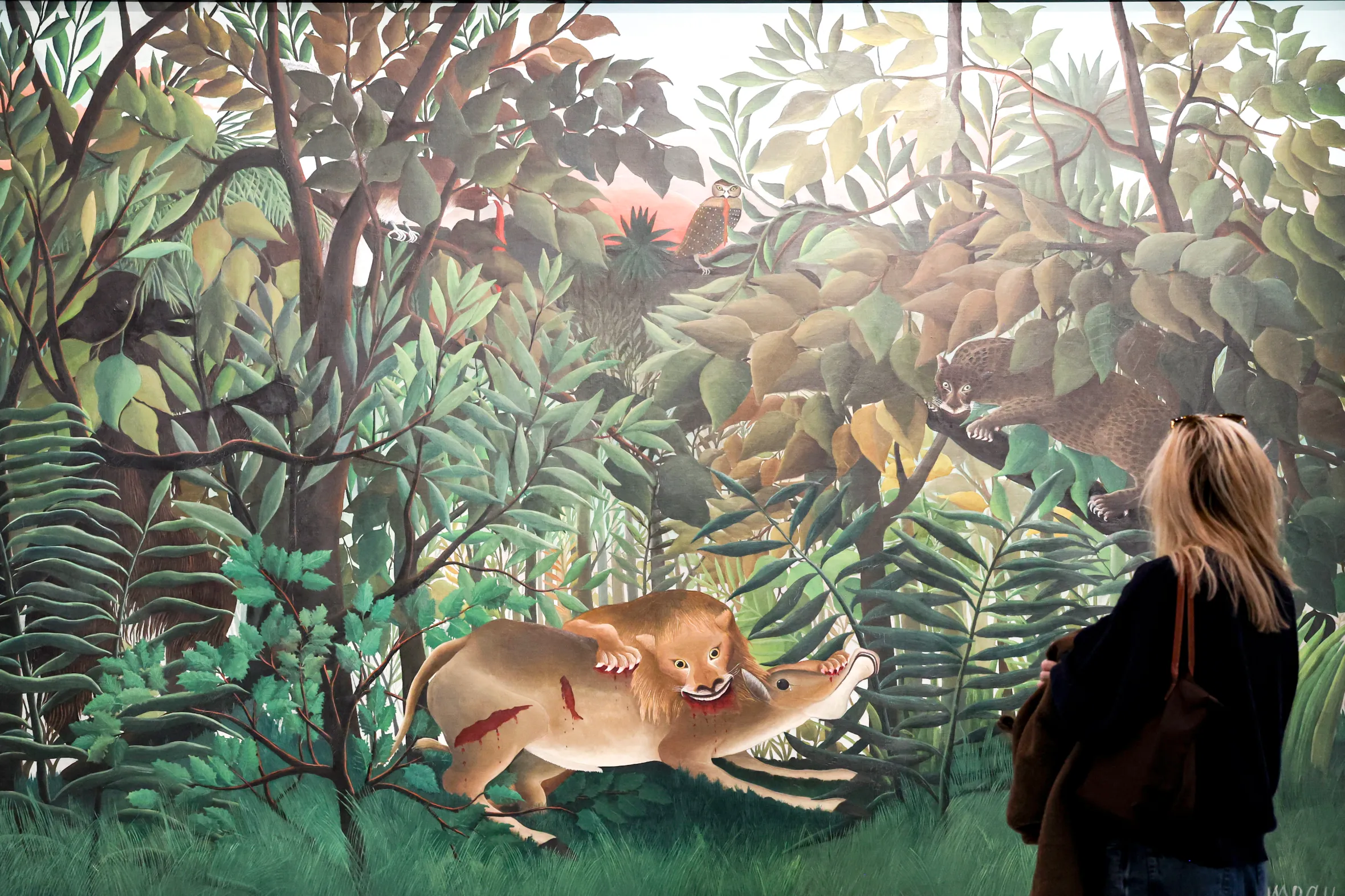 A visitor views Henri Rousseau's "The hungry lion throws itself on the antelope" painting, depicting a lion attacking an antelope in a jungle scene.