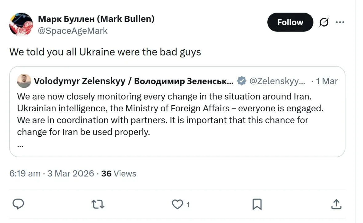 A tweet from Mark Bullen featuring a quote tweet from Volodymyr Zelenskyy.