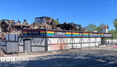 Rubble remains on the second floor of Pink Punters club which is surrounded by a steel fence.
