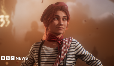 Screenshot from Clair Obscur: Expedition 33 shows Maelle, a young, female character, wearing a red beret and striped white top with her hands on her hips. A haze of smoke illuminated by orange light fills the frame behind her.