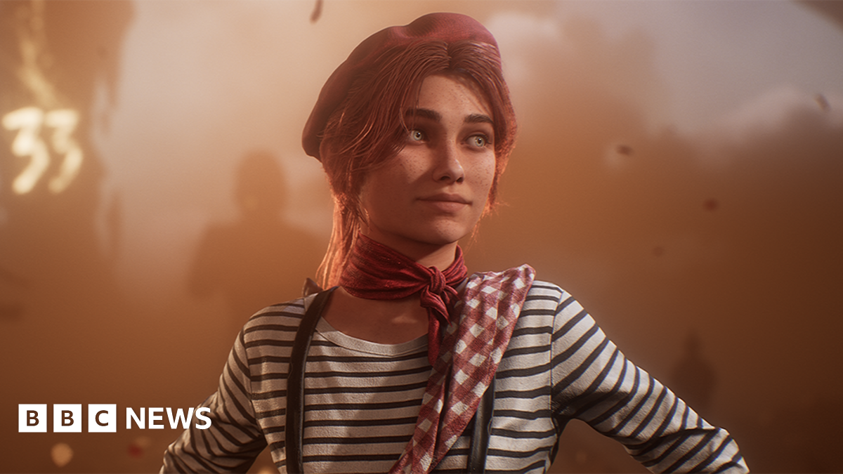 Screenshot from Clair Obscur: Expedition 33 shows Maelle, a young, female character, wearing a red beret and striped white top with her hands on her hips. A haze of smoke illuminated by orange light fills the frame behind her.