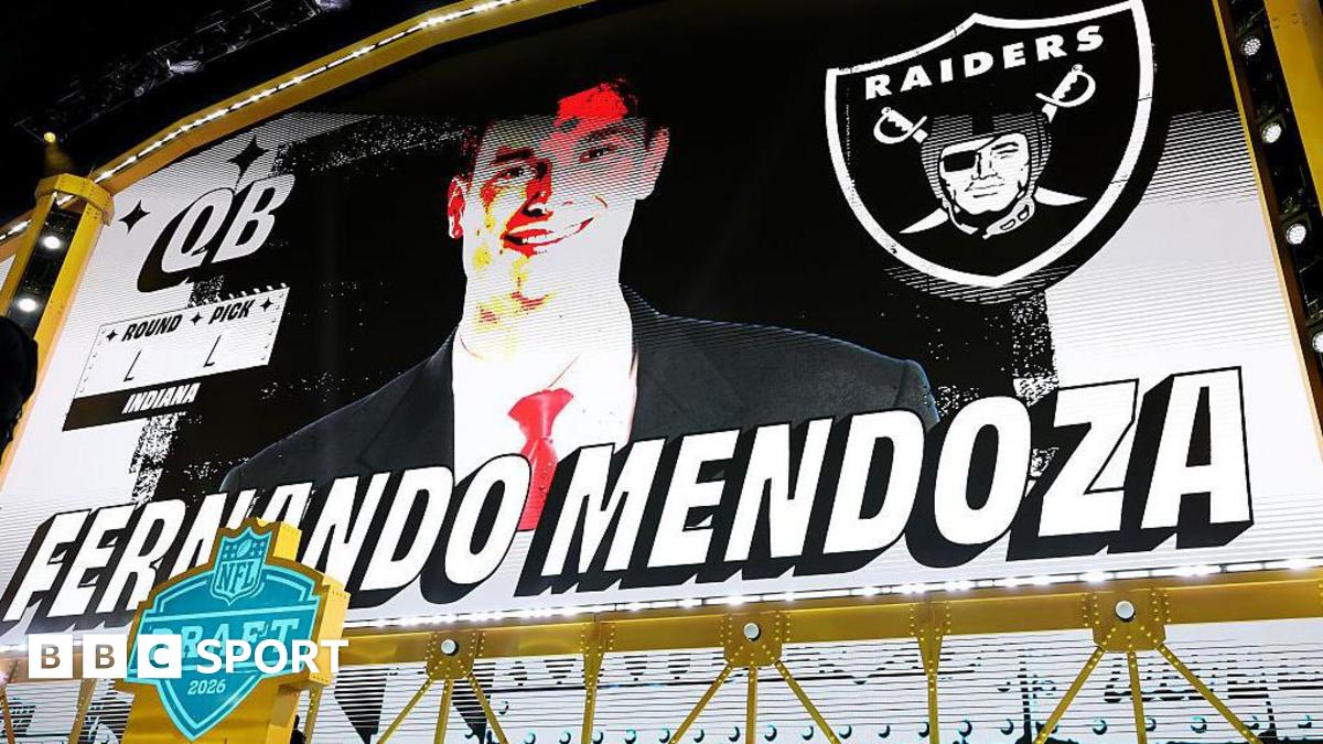 The NFL Draft stage with an image of Fernando Mendoza after he was selected with the first overall pick by the Las Vegas Raiders in 2026