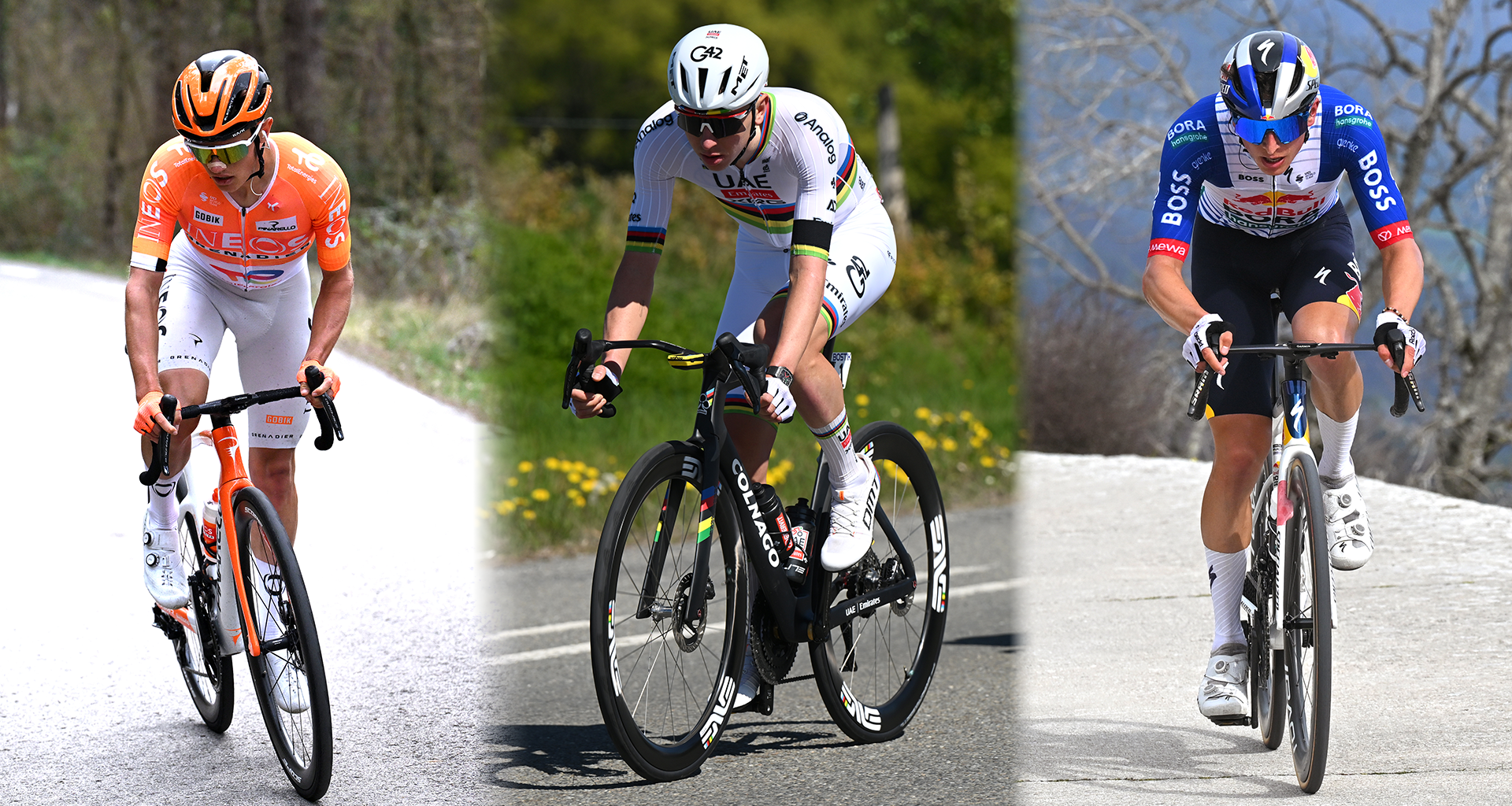 Collage image of Oscar Onley, Tadej Pogačar and Florian Lipowitz
