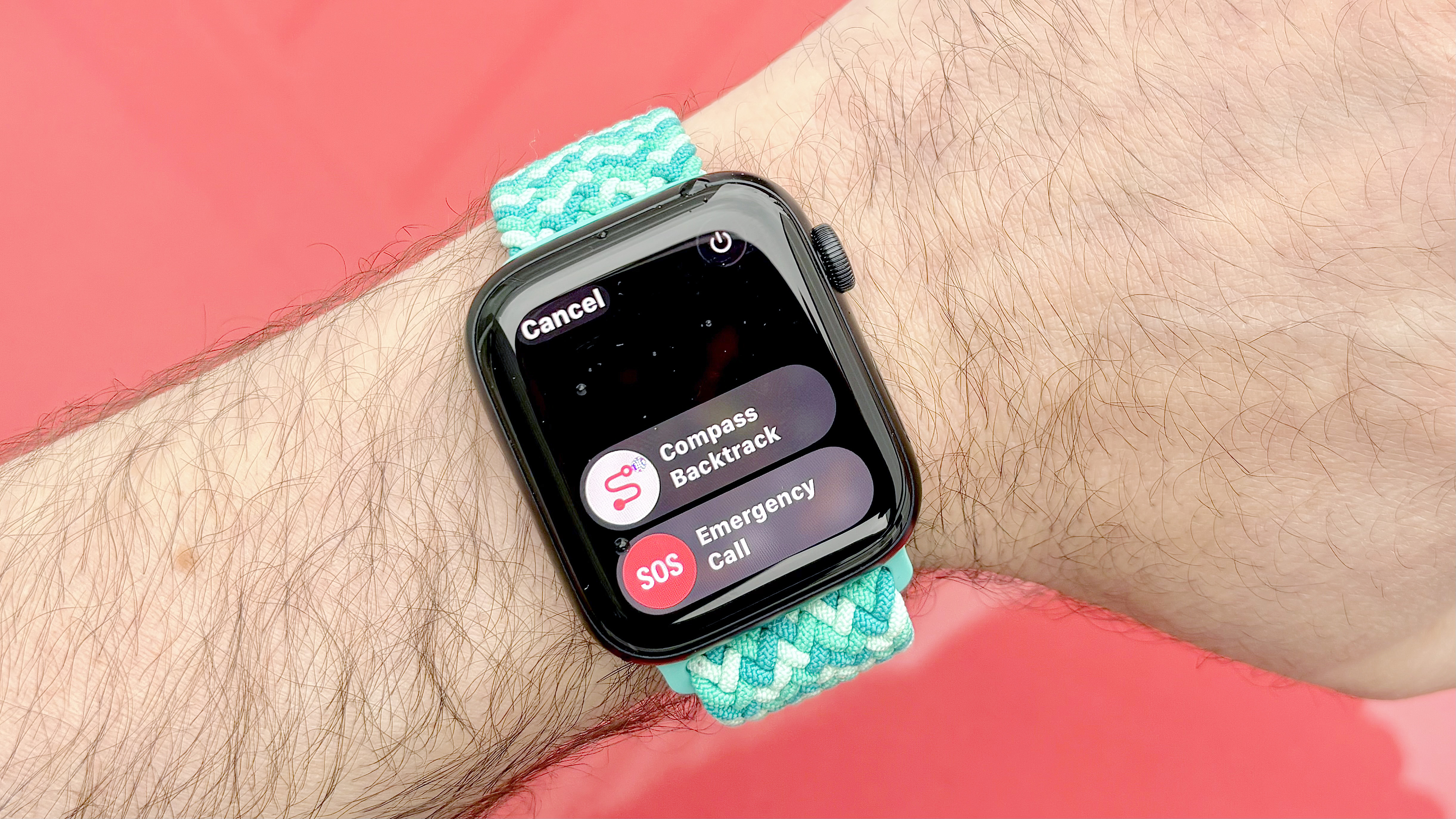 Close-up of the Apple Watch SE 3 on a turquoise strap