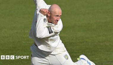 Durham spinner Callum Parkinson in his bowling action.