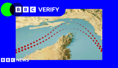 A satellite image of the Strait of Hormuz with two red lines to show shipping lanes.