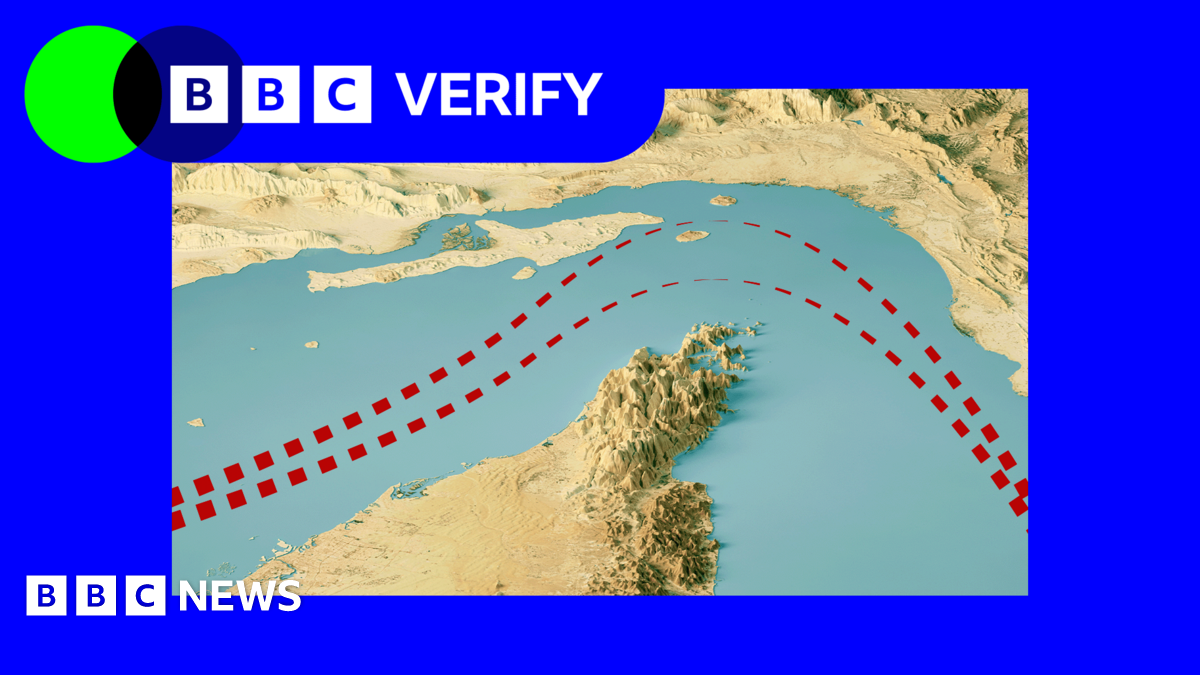 A satellite image of the Strait of Hormuz with two red lines to show shipping lanes.