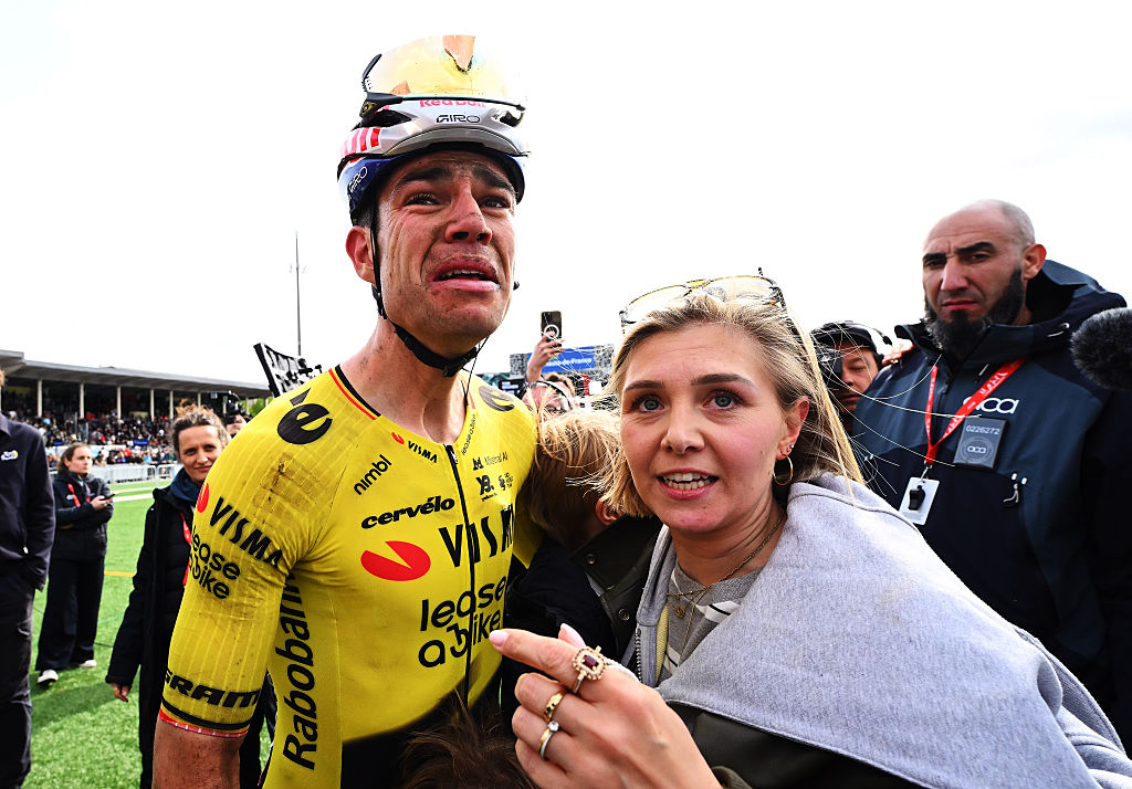 Wout van Aert in tears, with his partner at the finish of Paris-Roubaix 2026