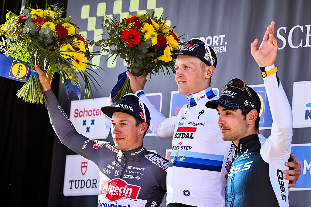 Belgian Jasper Philipsen of Alpecin-Deceuninck, Belgian Tim Merlier of Soudal Quick-Step and Italian Matteo Moschetti of Q36.5 Pro Cycling Team pictured on the podium after the men's race
