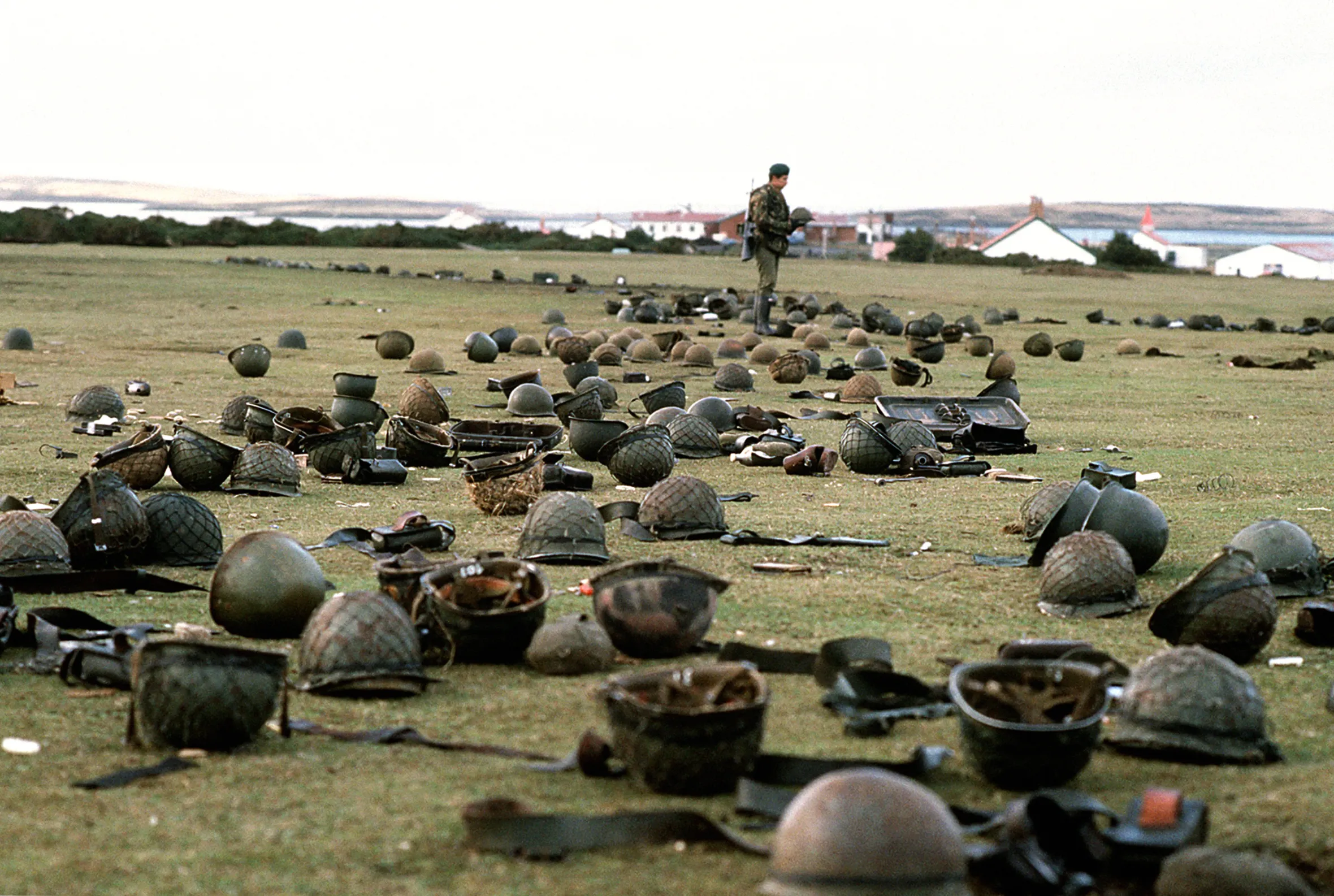 Helmets abandoned by Argentine forces after their surrender in the Falklands War.