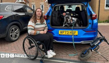 Kay Millar is sitting in a wheel chair next to a blue car with the boot open. Her dog is standing in the boot.