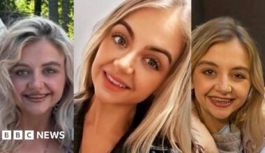 Three images of a blonde girl smiling