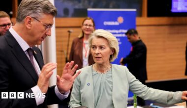 European Commission President Ursula von der Leyen speaks to Croatia's Prime Minister Andrej Plenkovic at the Cyprus summit