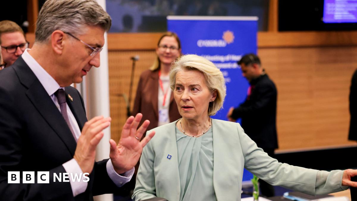 European Commission President Ursula von der Leyen speaks to Croatia's Prime Minister Andrej Plenkovic at the Cyprus summit