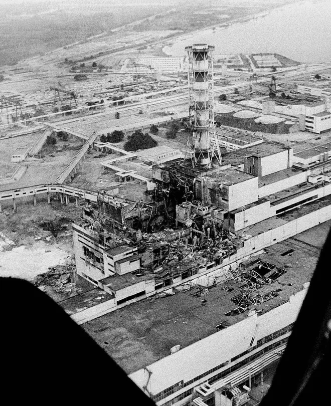 An aerial view of the aftermath of the April 26, 1986 explosion at the Chernobyl Nuclear Power Plant, Ukraine
