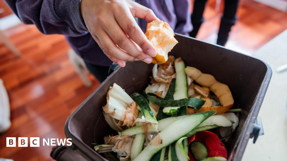 A boy throws an apple core into a food recycling caddy that is filled with peelings