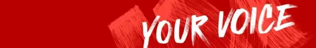 A red banner that says your voice in white writing