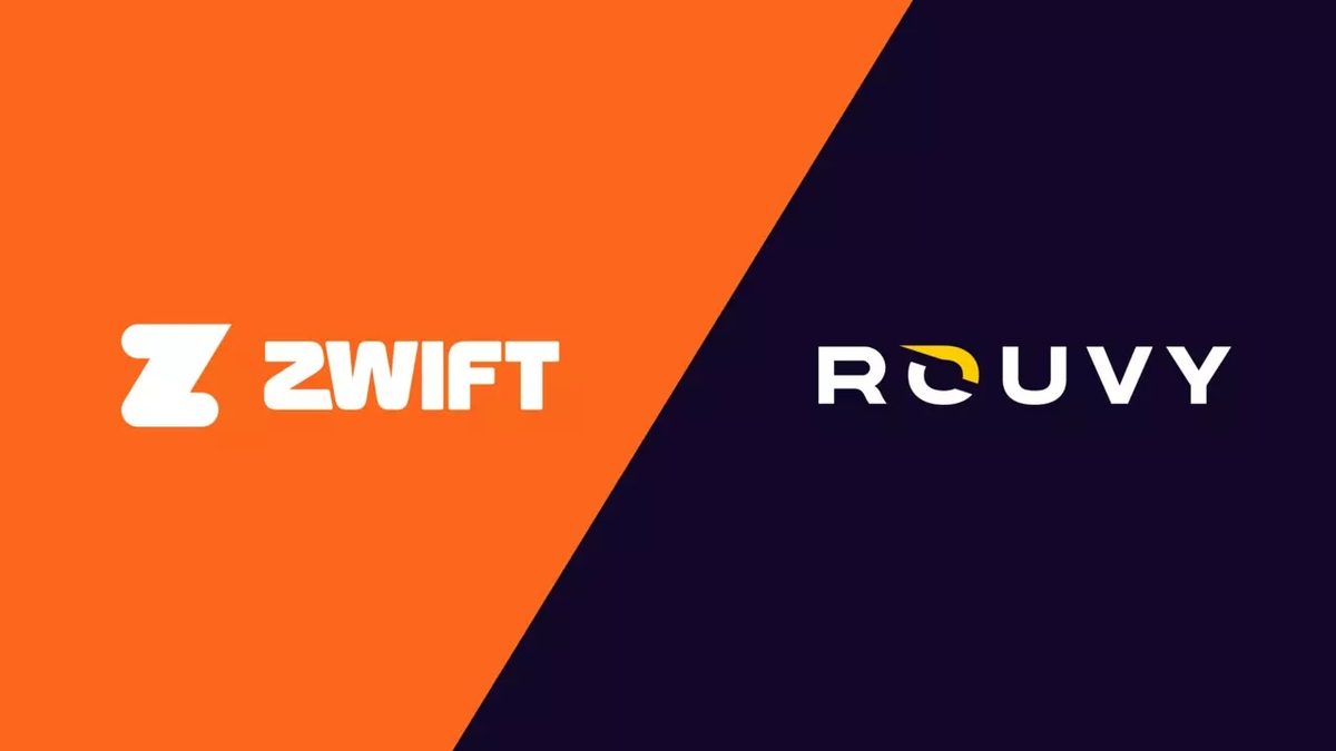 Zwift and Rouvy logos on blue and orange background.