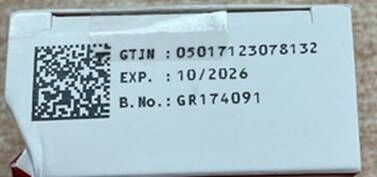 Ramipril 10 mg Capsules – Batch GR174091 Outer carton and BN/Exp Date information