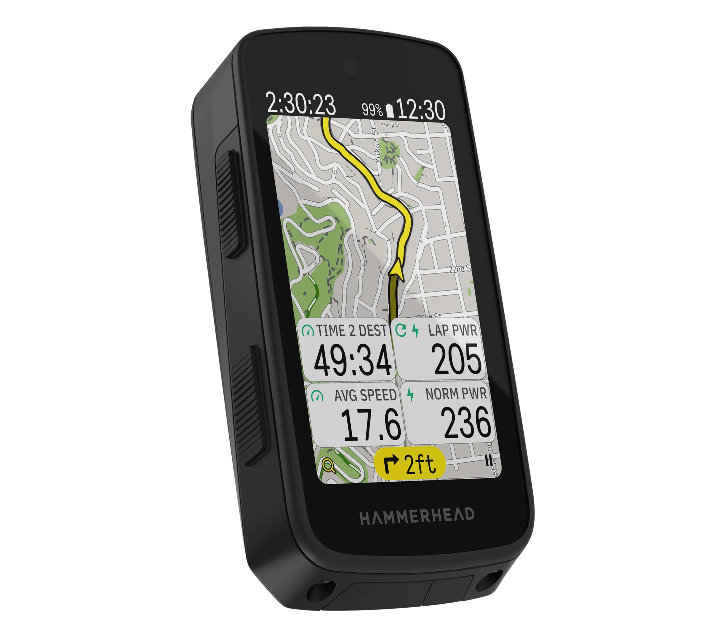 Illustration of a Hammerhead Karoo cycling computer displaying a map, speed, power, and time.