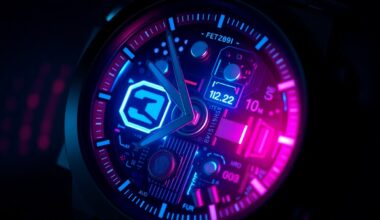 A close-up, highly detailed 3D illustration of the internal components and display of a smartwatch, glowing with vibrant neon cyan and magenta lights, representing the complex digital infrastructure powering advanced fitness tracking features.