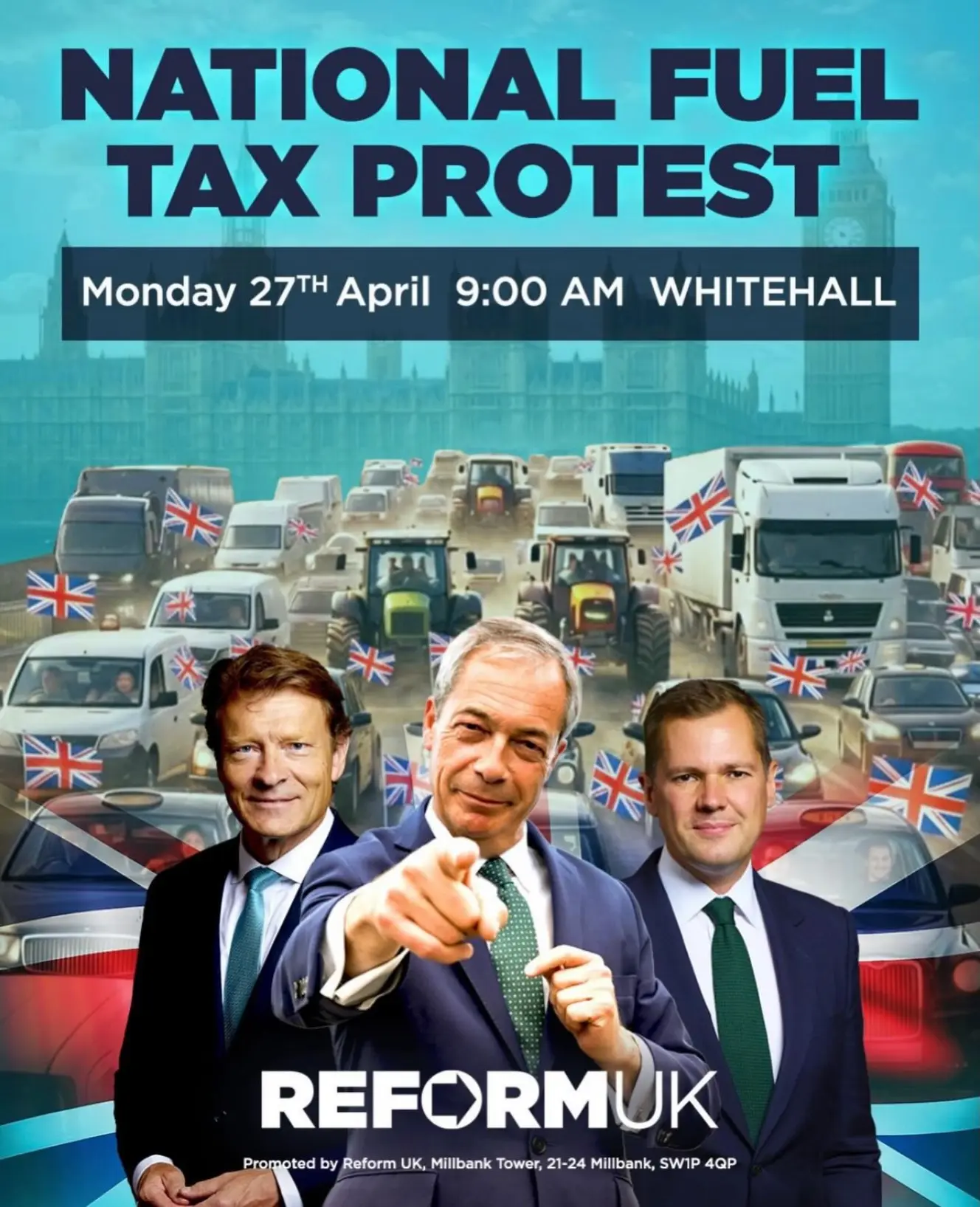 Illustration of a "National Fuel Tax Protest" flyer, with three men in suits, including Nigel Farage, in front of a traffic jam of vehicles adorned with Union Jack flags, set against a backdrop of the Houses of Parliament.