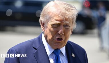 US President Donald Trump speaks to reporters before boarding Air Force One in Palm Beach, Florida.
