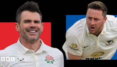 On the left, a red background box is overlaid with James Anderson wearing the white Lancashire County Championship shirt with the red rose club badge as he smiles during a game in 2025. On the right, a blue background box is overlaid by Ollie Robinson wearing the white Sussex jersey with the club badge on with his mouth open while bowling in a game in 2025.